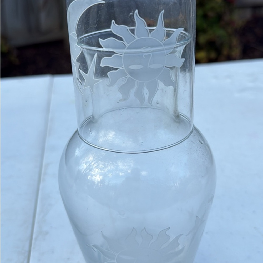Vintage Etched Glass Vase with Sun and Moon Design